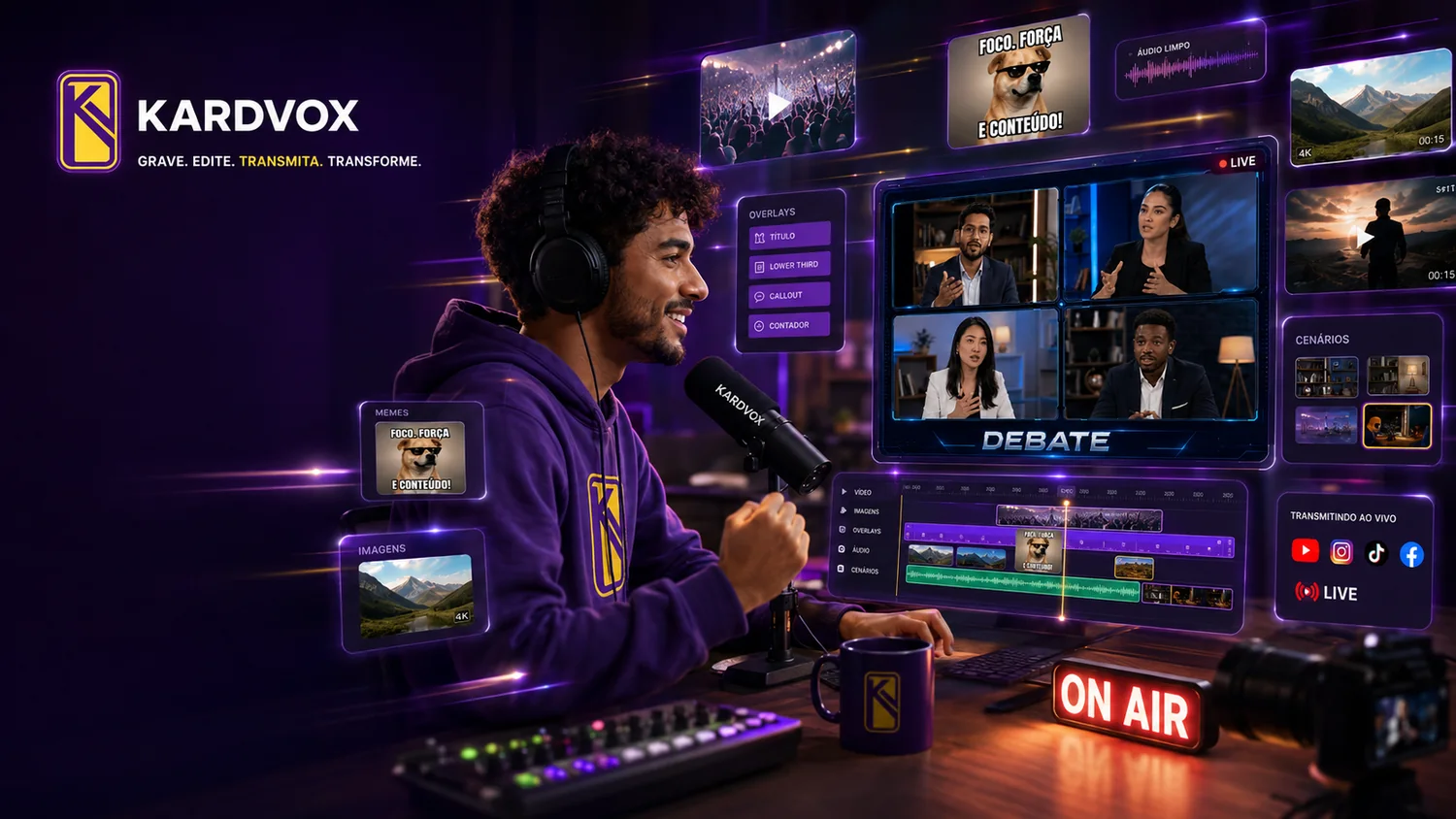 Criador usando o KardVox em uma produção visual com debate e transmissão ao vivo